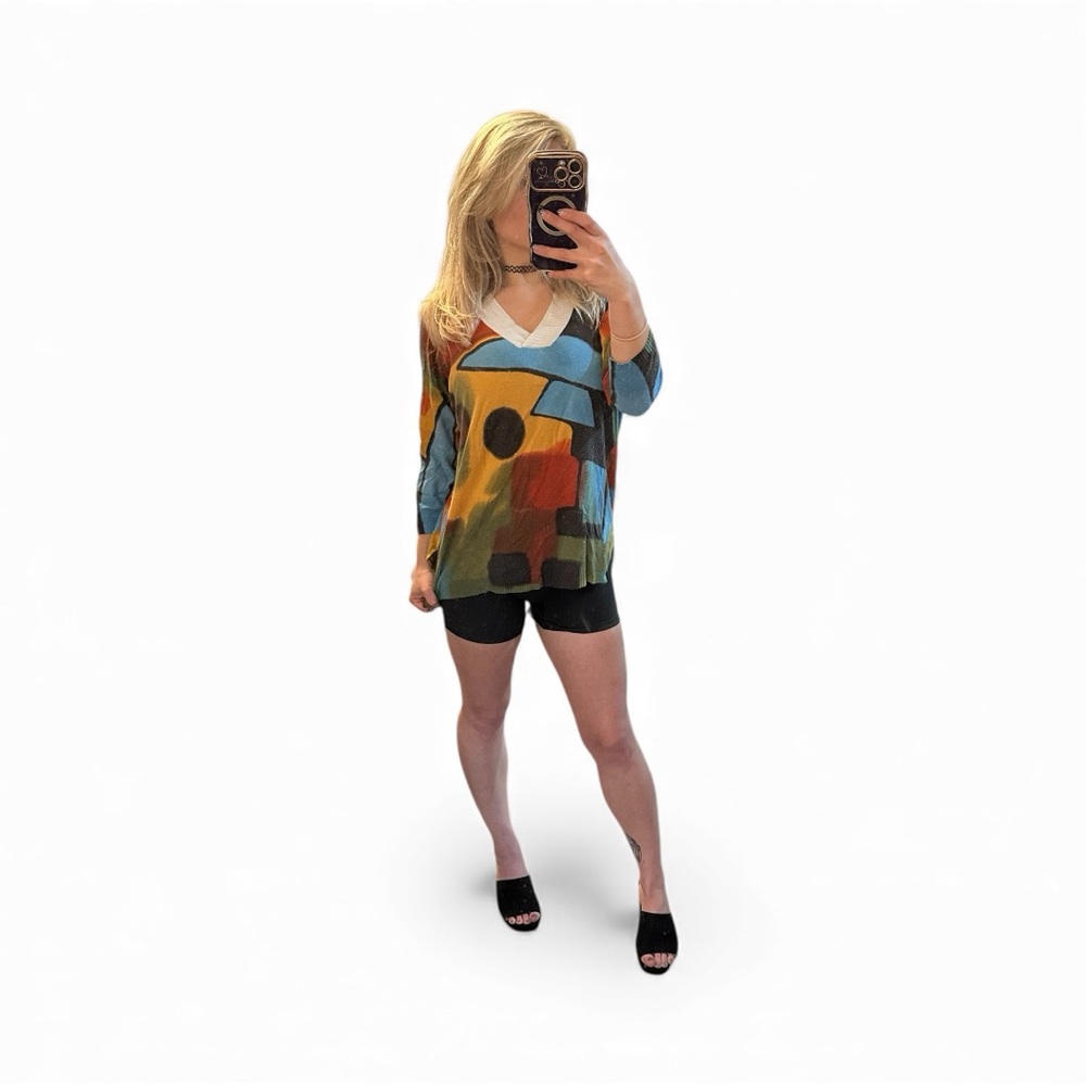 A.Z.I. Vibrant Abstract Colorful V-Neck Sweater Size Large - Picture 7 of 7